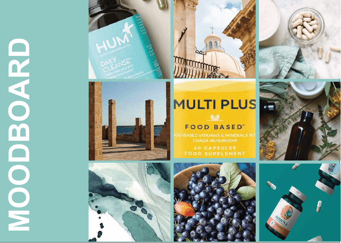 Alt: Brand moodboard showing lifestyle, architecture, and natural inspiration for Neeton Nutrition