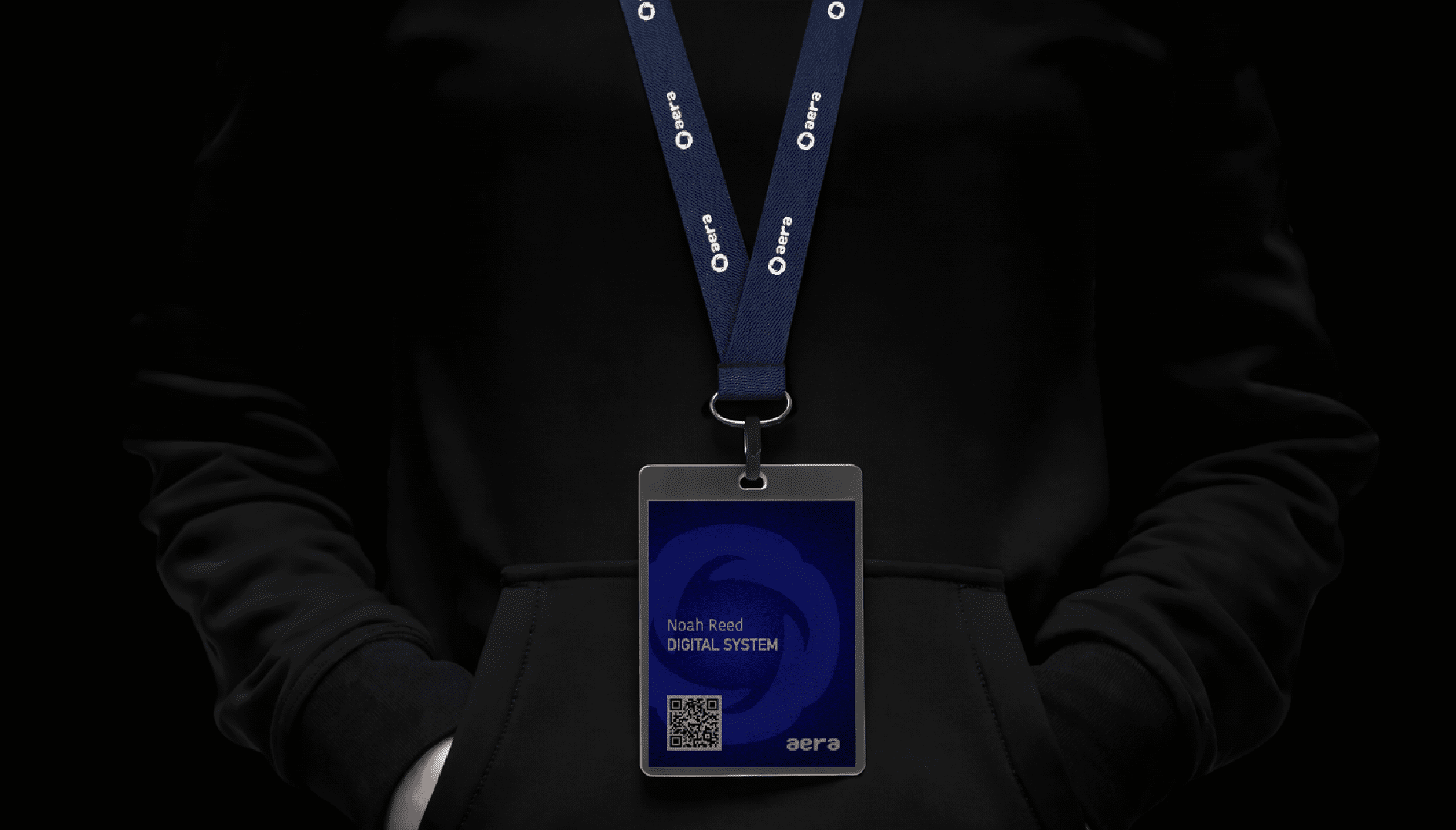 Dark corporate ID badge and lanyard mockup for a tech brand identity 12