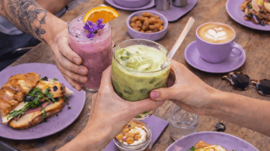 Brunch table scene styled with FONTE brand colors and packaging