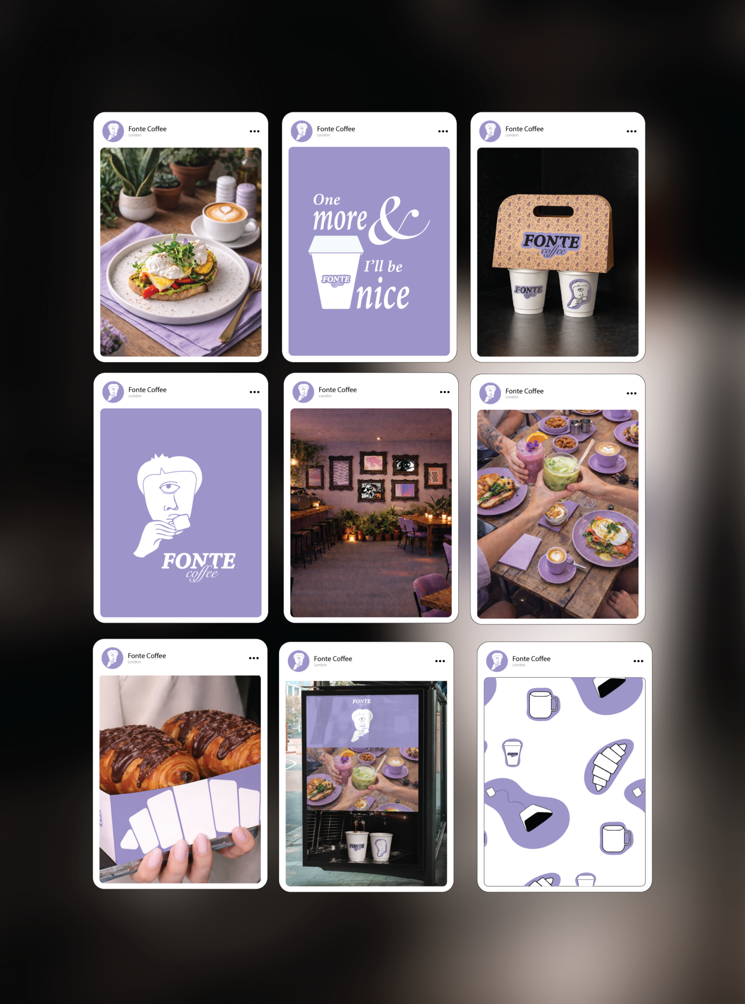 Instagram-style grid showcasing FONTE coffee shop branding and visuals